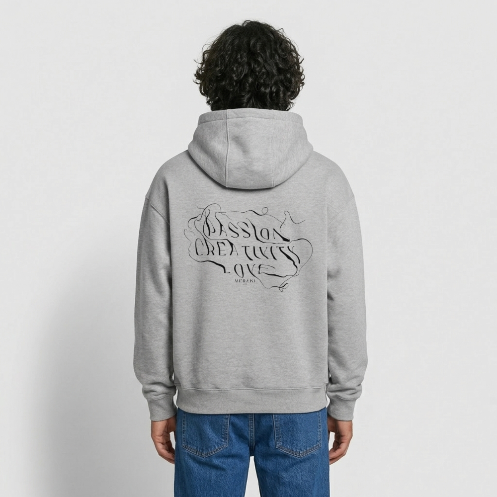 Oversized Heavyweight Hoodie - PASSION, CREATIVITY, LOVE - Grau meliert